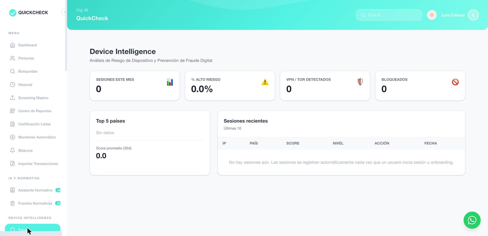 Panel de Device Intelligence: sesiones del mes, alto riesgo, VPN y TOR detectados, bloqueadas y países