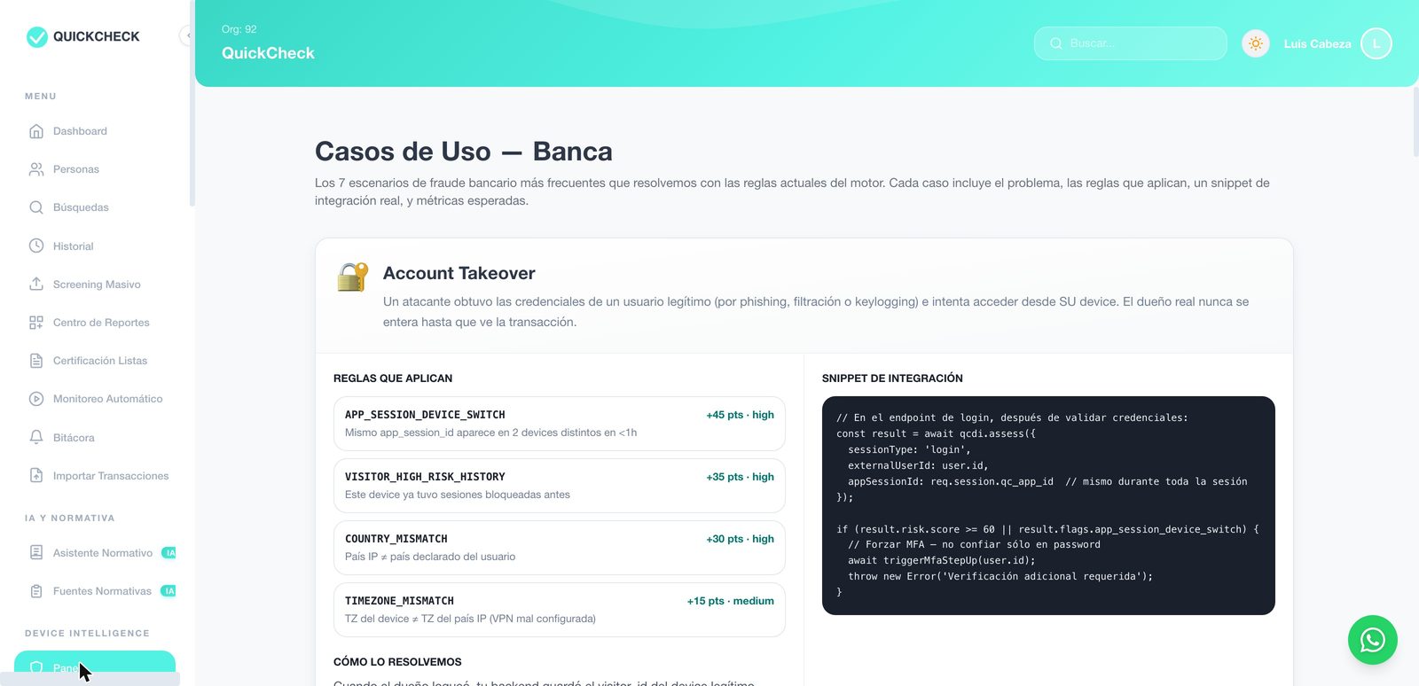 Casos de uso para banca: toma de cuenta con las reglas que aplican y el fragmento de integración