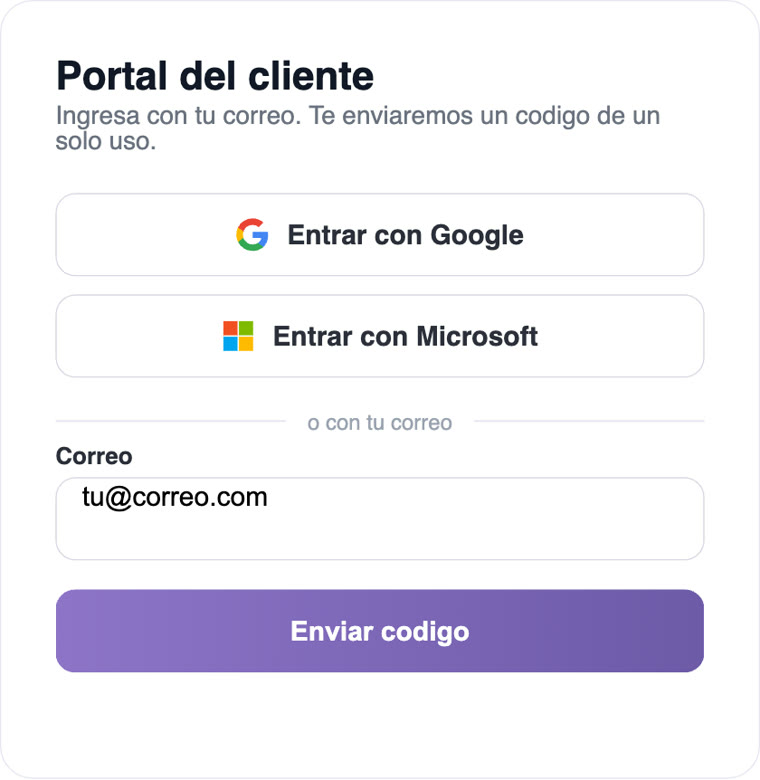 Ingreso al portal del cliente con Google, Microsoft o c&oacute;digo por correo