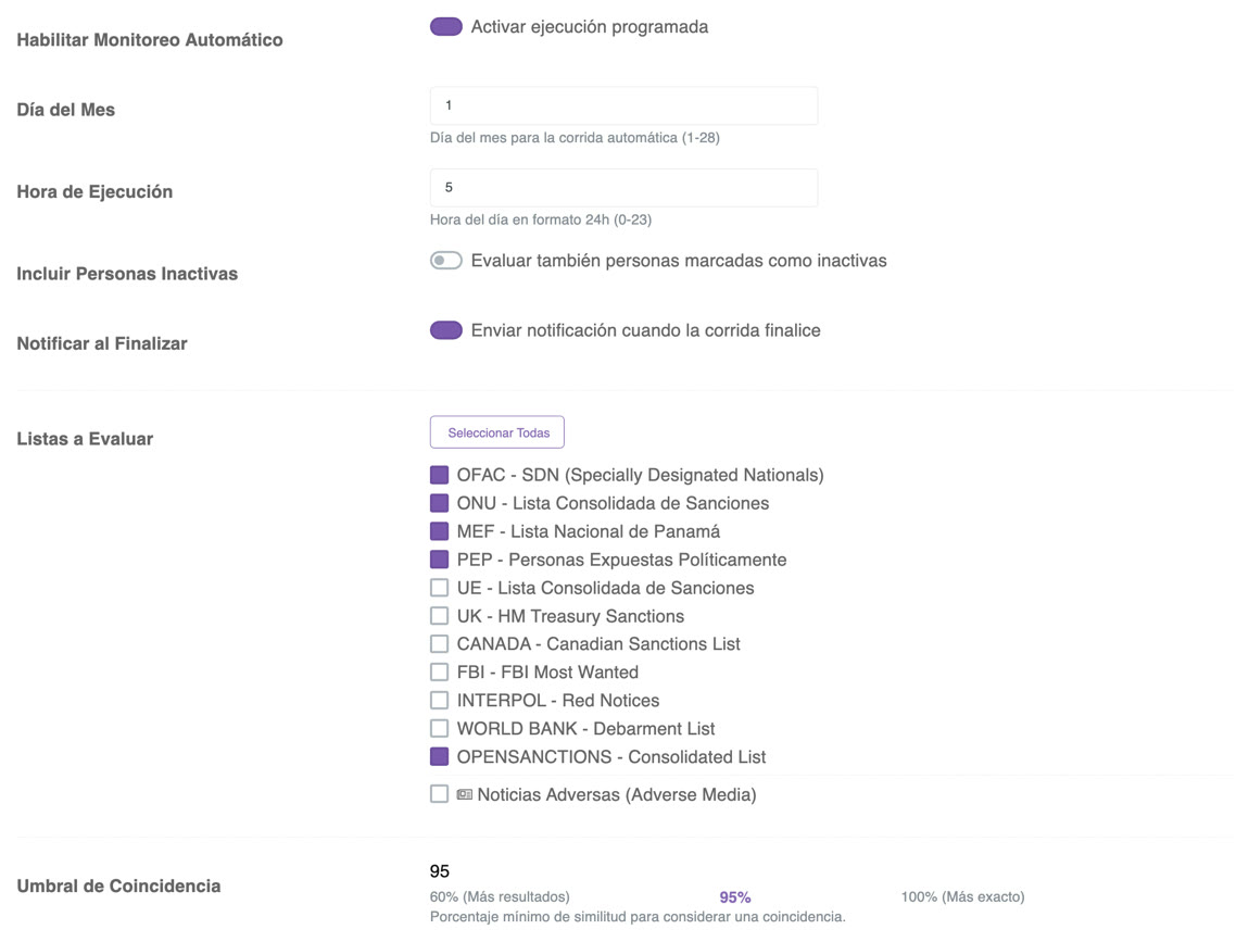 Configuraci&oacute;n del monitoreo autom&aacute;tico: d&iacute;a, hora, listas a evaluar y umbral de coincidencia