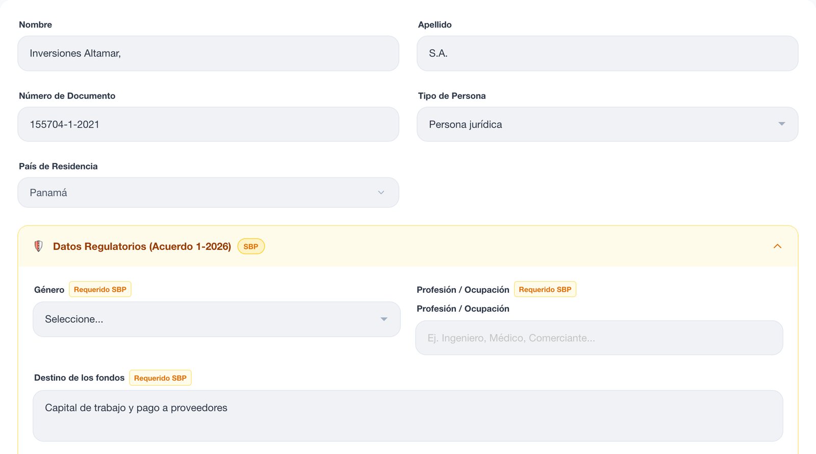 Formulario de debida diligencia de persona jurídica en QuickCheck con datos regulatorios: profesión, destino de los fondos, instrumento y monto