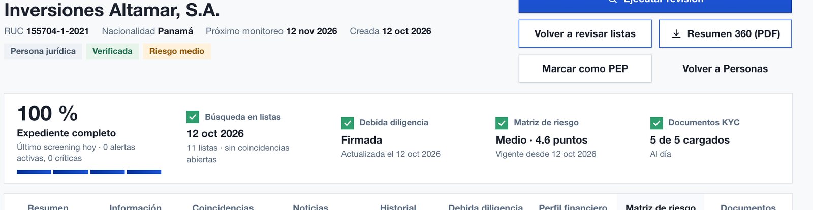Expediente KYC en curso en QuickCheck: búsqueda en listas, debida diligencia firmada, matriz de riesgo y documentos KYC