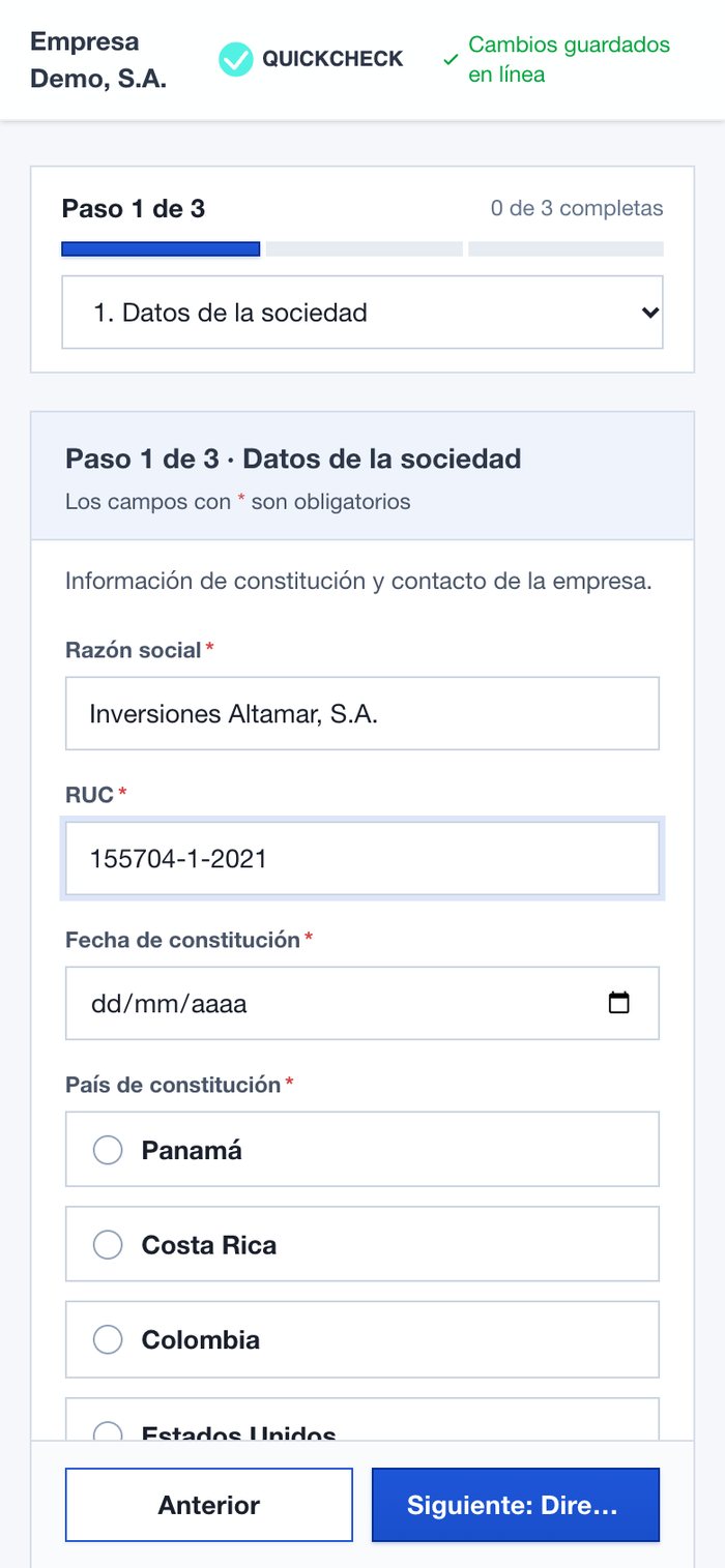 Onboarding digital KYC en el celular con QuickCheck: formulario por pasos con los cambios guardados en línea