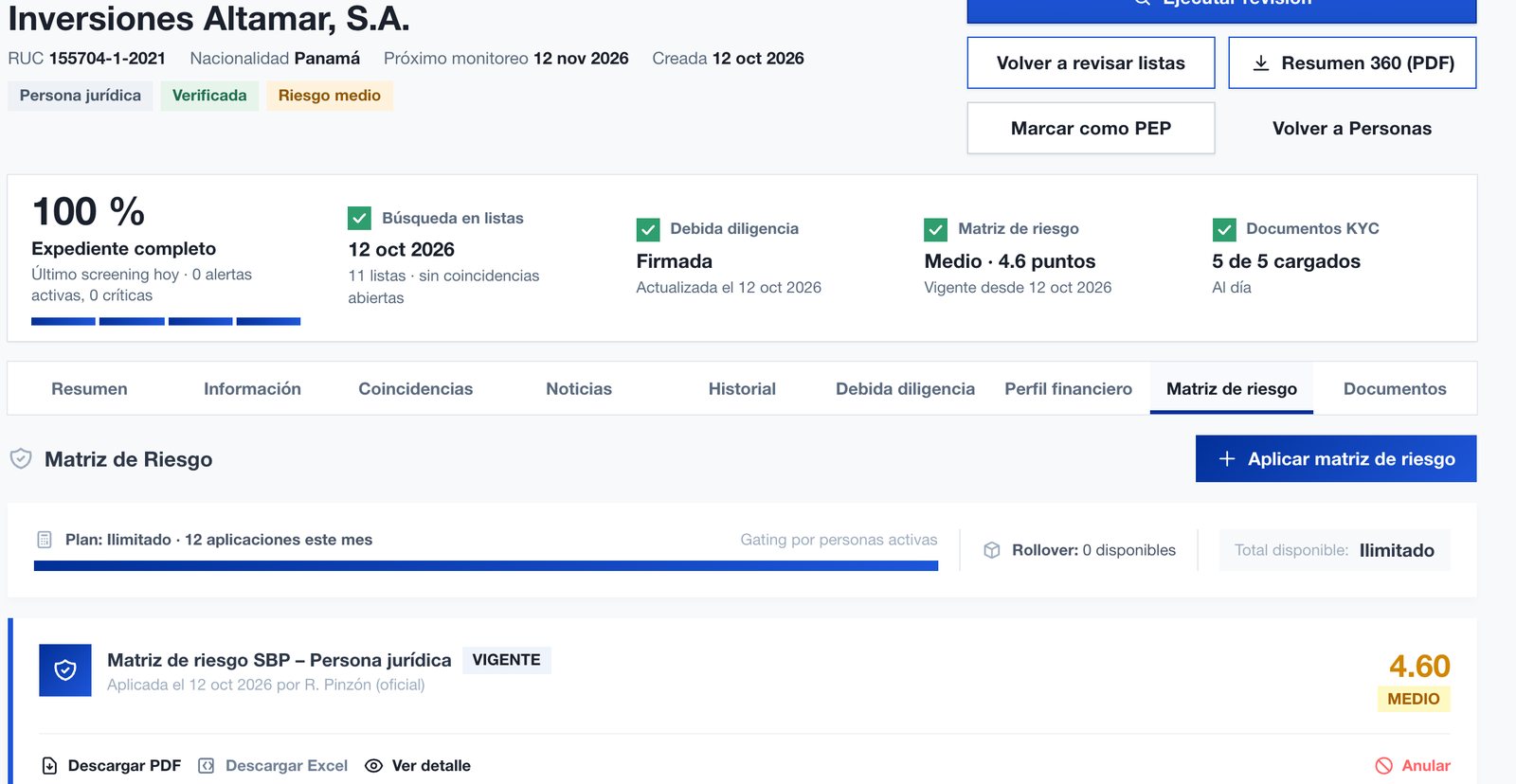 Matriz de riesgo aplicada en el expediente del cliente en QuickCheck con el puntaje 4.60 riesgo medio
