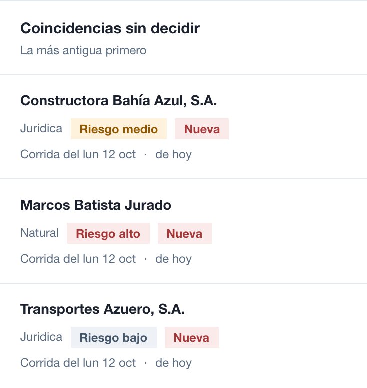 Coincidencias nuevas del monitoreo continuo en QuickCheck, con el tipo de cliente, su nivel de riesgo y la corrida que las encontró