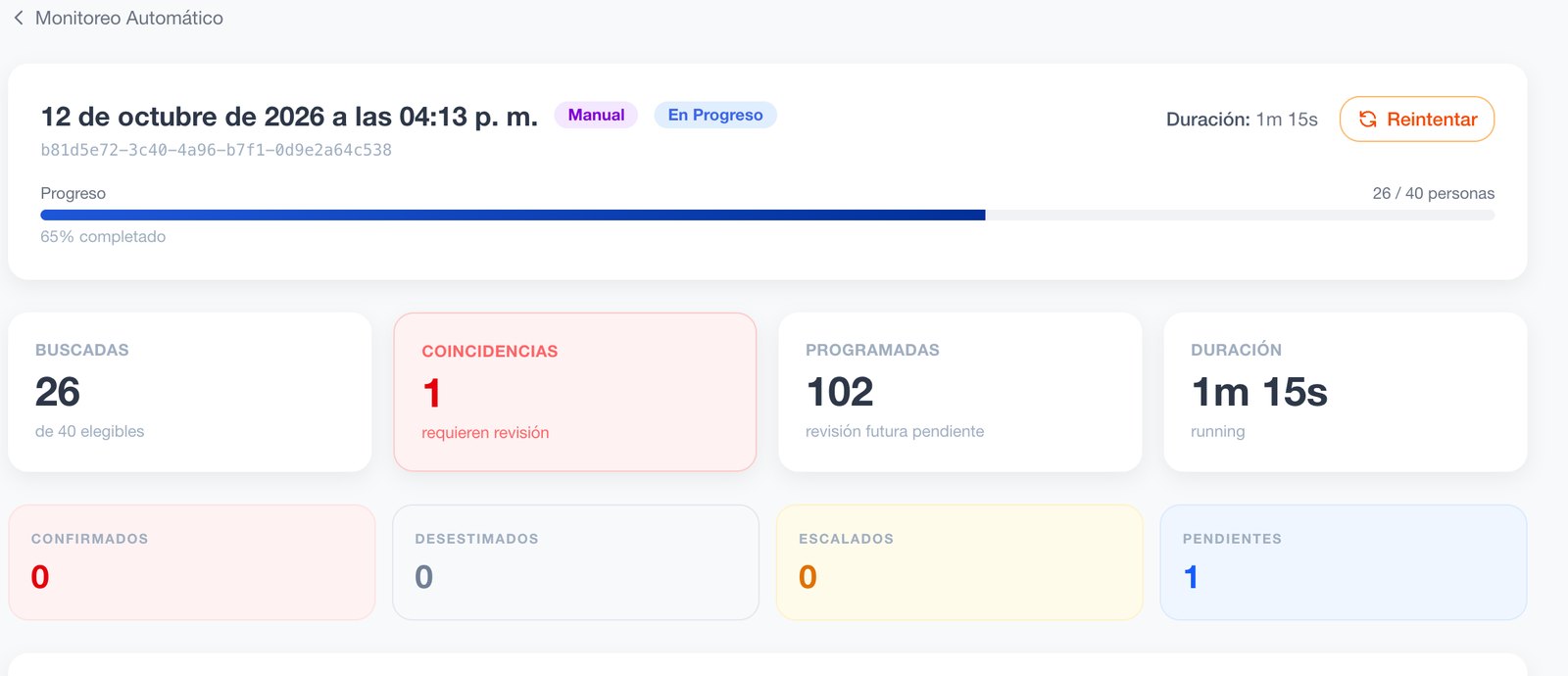 Corrida de monitoreo continuo contra listas en progreso en QuickCheck: personas buscadas, coincidencias y revisiones programadas