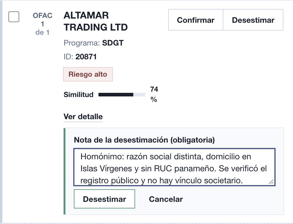 Desestimación de una coincidencia en OFAC en QuickCheck con nota obligatoria del motivo