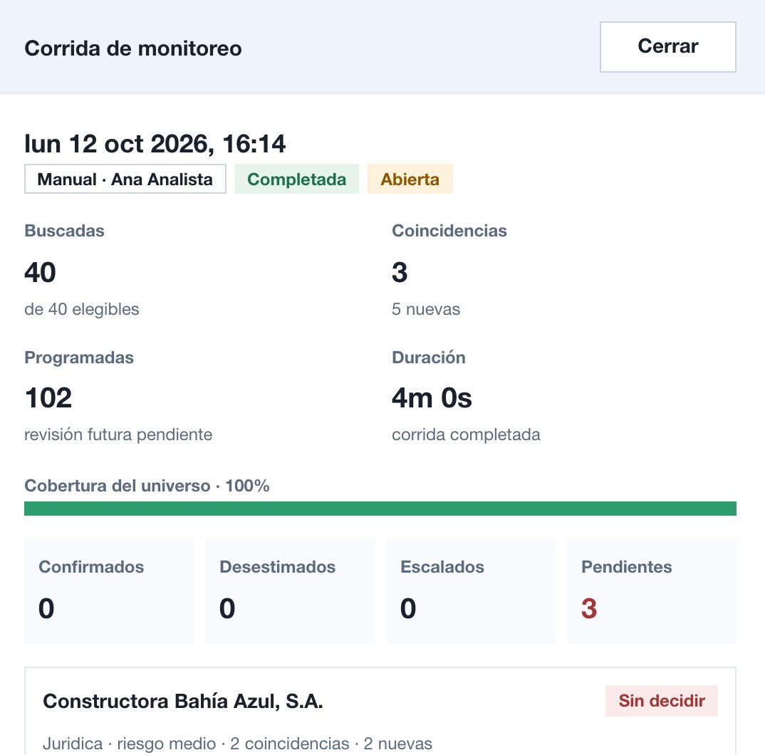 Informe de una corrida de monitoreo continuo en QuickCheck: quién la lanzó, personas revisadas, coincidencias nuevas y decisiones pendientes