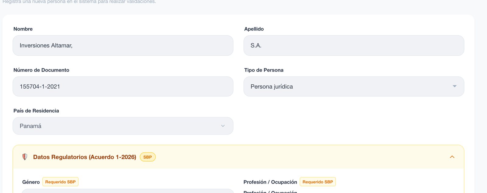 Alta de una persona jurídica en el software de cumplimiento QuickCheck con los datos regulatorios del Acuerdo 1-2026