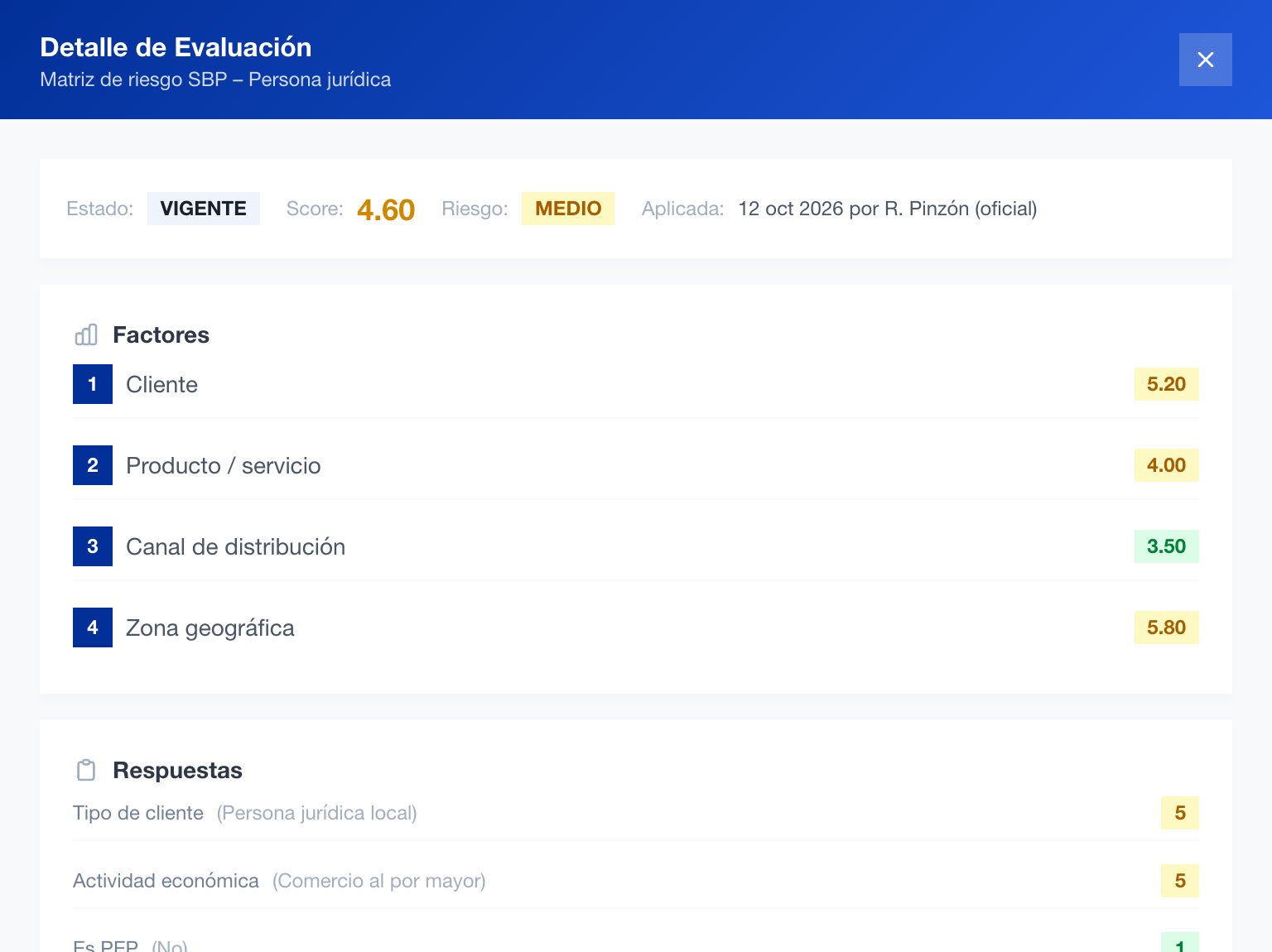 Detalle de la matriz de riesgo SBP en QuickCheck con el puntaje de cada factor: cliente, producto, canal y zona geográfica