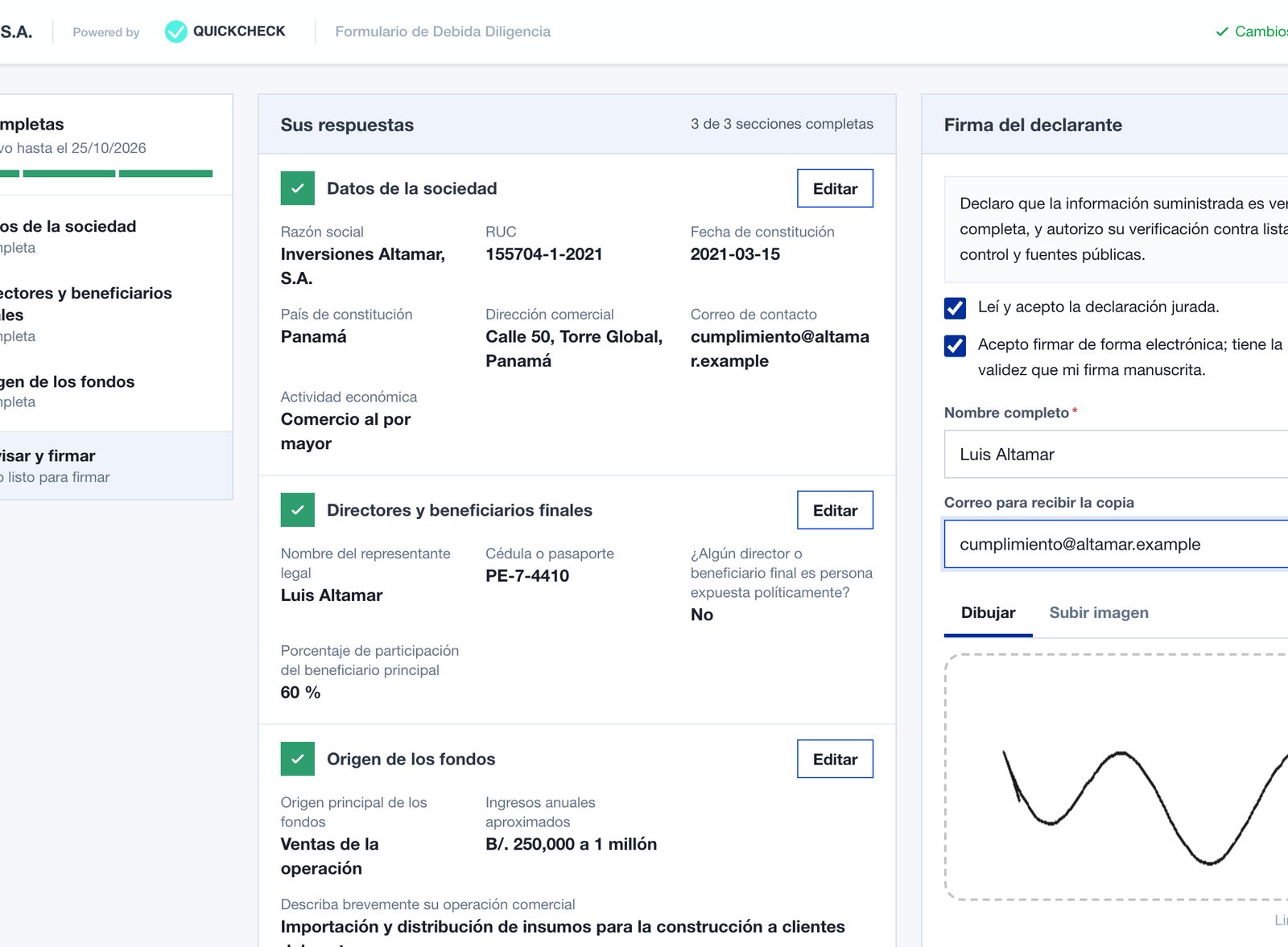 Formulario de debida diligencia en QuickCheck con beneficiario final y origen de los fondos para bienes raíces y construcción