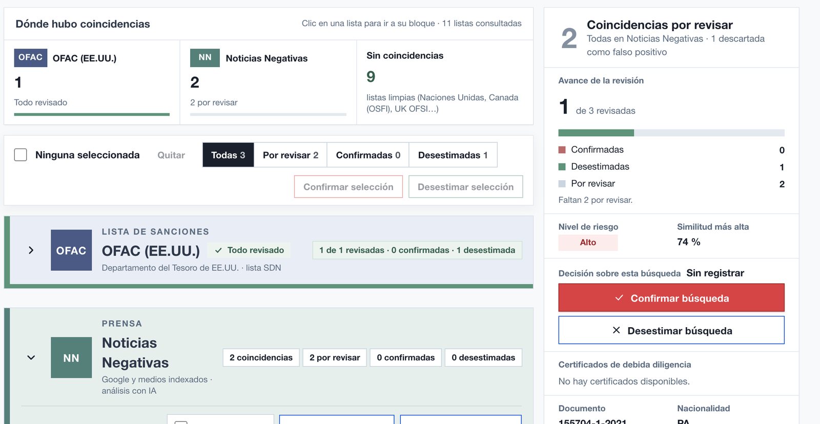 Verificación de una sociedad en listas antes de abrir el caso en QuickCheck, con la coincidencia desestimada y su motivo