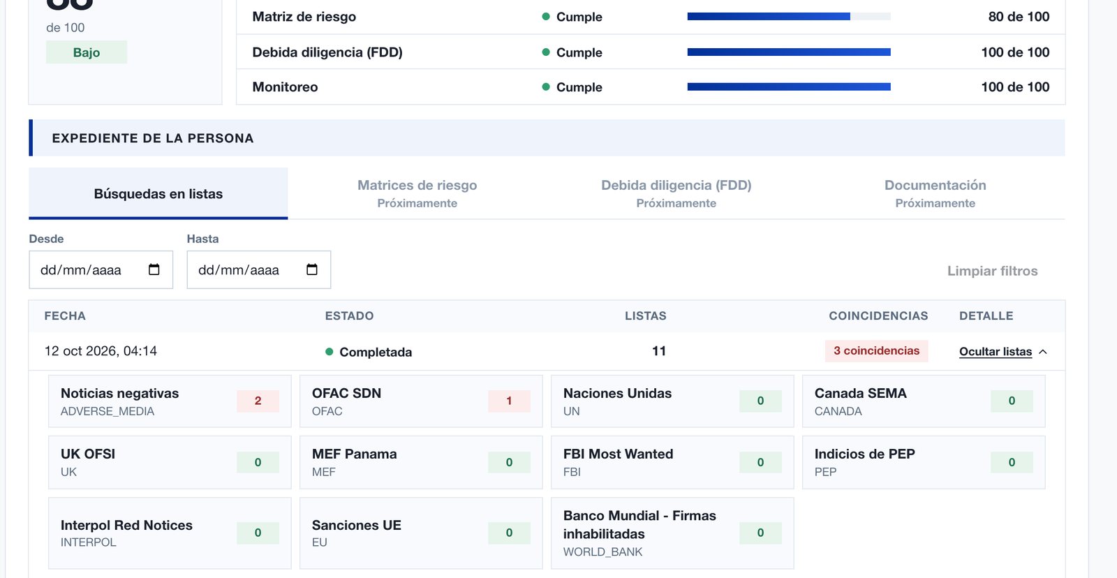 Historial de búsquedas de un cliente en listas OFAC, ONU, MEF Panamá y PEP en QuickCheck