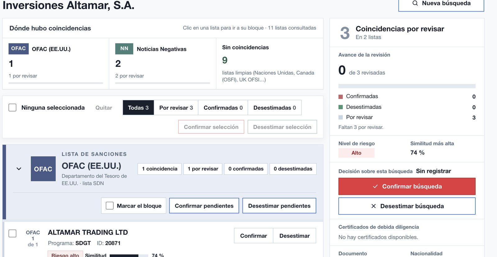 Resultado de una búsqueda en listas OFAC, ONU, PEP y noticias negativas en QuickCheck con coincidencias por revisar y similitud